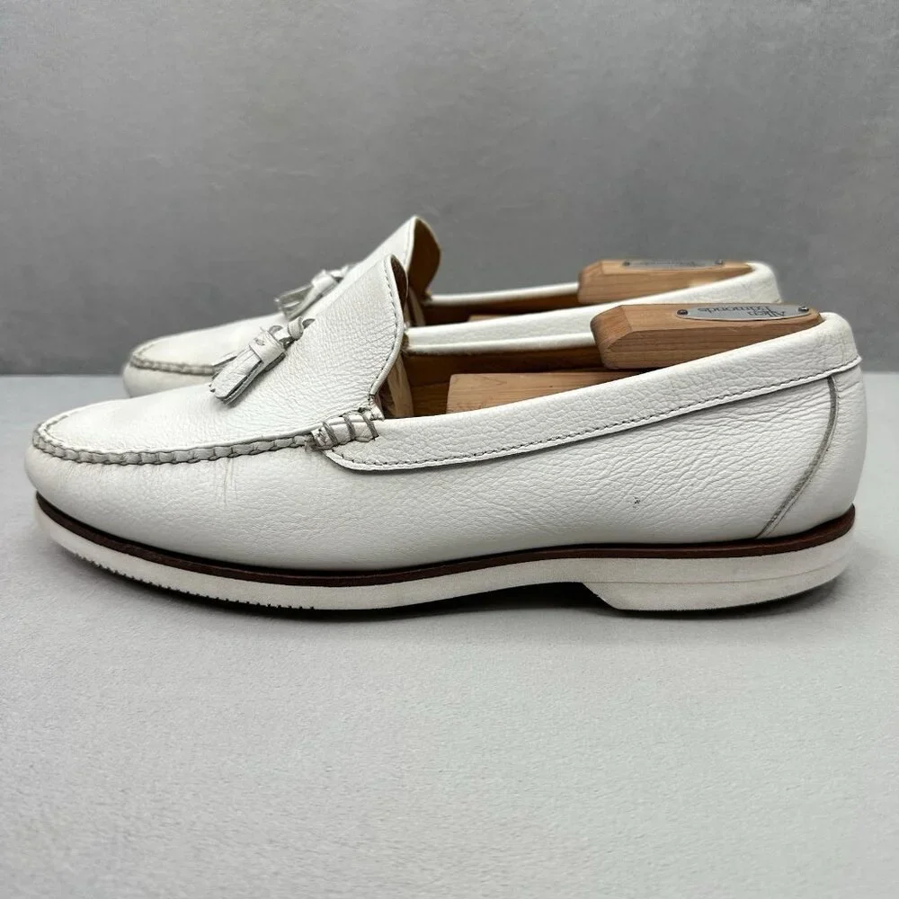 Maus & Hoffman 3196 Mens 9 (W) Tasseled White Leather Loafers Slip On Boat Shoes